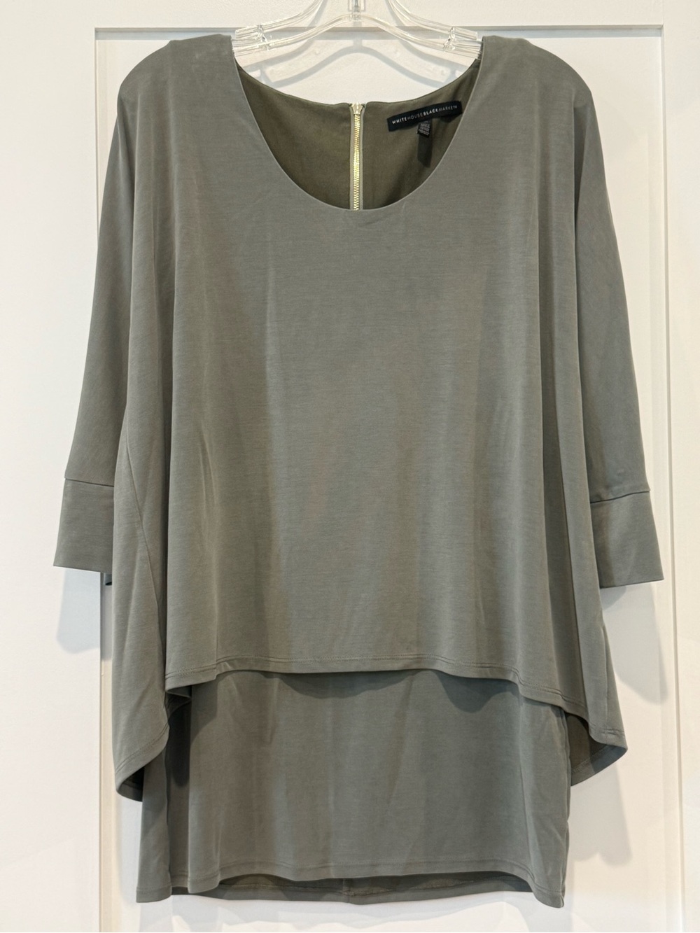 White House Black Market Olive Green Layered Tunic Top | Gold Zip Back | Medium